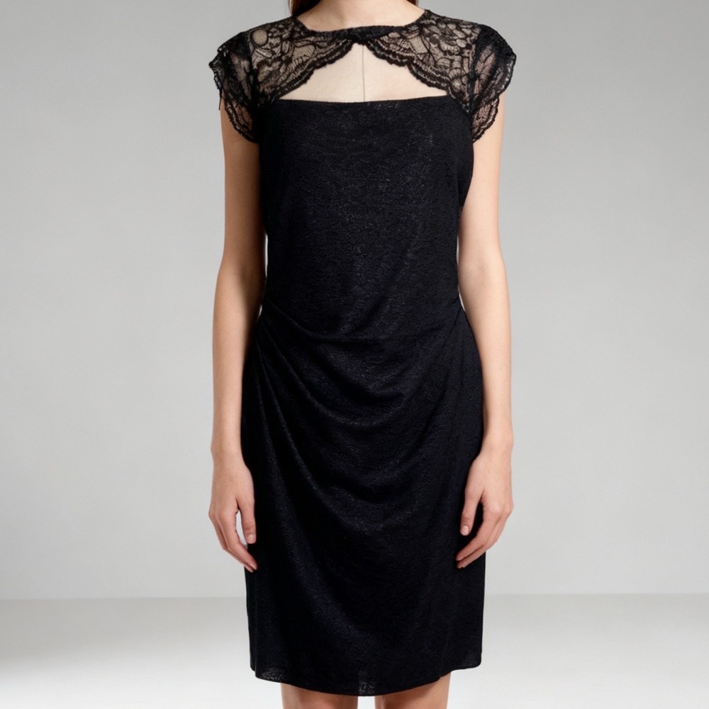 Kay Unger Ruched Cut Out Formal Sheath Dress Lace Cap Sleeve Evening Black sz 10
